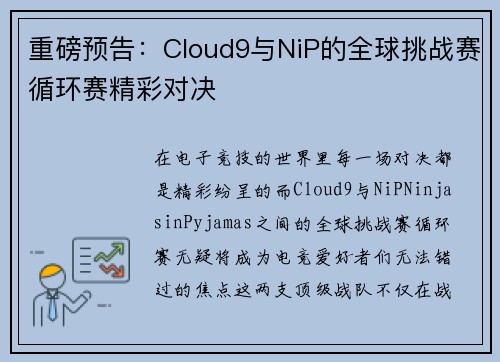 重磅预告：Cloud9与NiP的全球挑战赛循环赛精彩对决