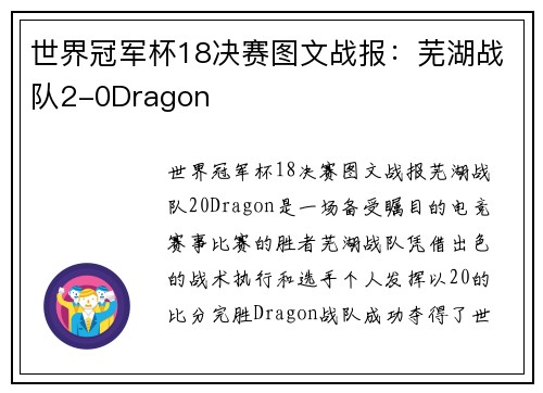 世界冠军杯18决赛图文战报：芜湖战队2-0Dragon