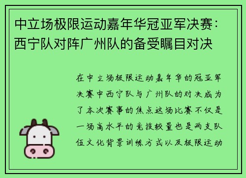 中立场极限运动嘉年华冠亚军决赛：西宁队对阵广州队的备受瞩目对决